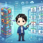 「743行の巨大Reactカスタムフック」を象徴する複雑なコードブロックが、中央のエンジニアによって「STAGE MGMT」や「API CALLS」など8つのモジュールに段階的に分割・整理されていく様子を描いています。
