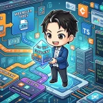 Cloudflare WorkersのEnv型を一元化し、Runtime/Test向け派生型を設計するワークフローのイラスト。`wrangler types`で型が自動生成され、TypeScriptコードで環境ごとのEnv型が定義される様子を描写。