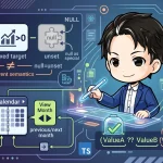 可愛いキャラクターが未来的なUIで日付ロジックの設計を説明するアイキャッチ画像。`0`と`null`のセマンティクスの違い、カレンダーの制御、`??`演算子の優先順位といった、記事で解説される3つの落とし穴が視覚的に表現されている。