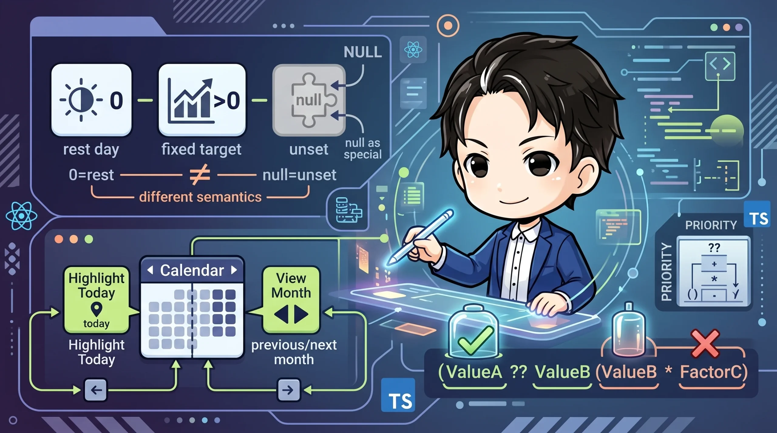 可愛いキャラクターが未来的なUIで日付ロジックの設計を説明するアイキャッチ画像。`0`と`null`のセマンティクスの違い、カレンダーの制御、`??`演算子の優先順位といった、記事で解説される3つの落とし穴が視覚的に表現されている。