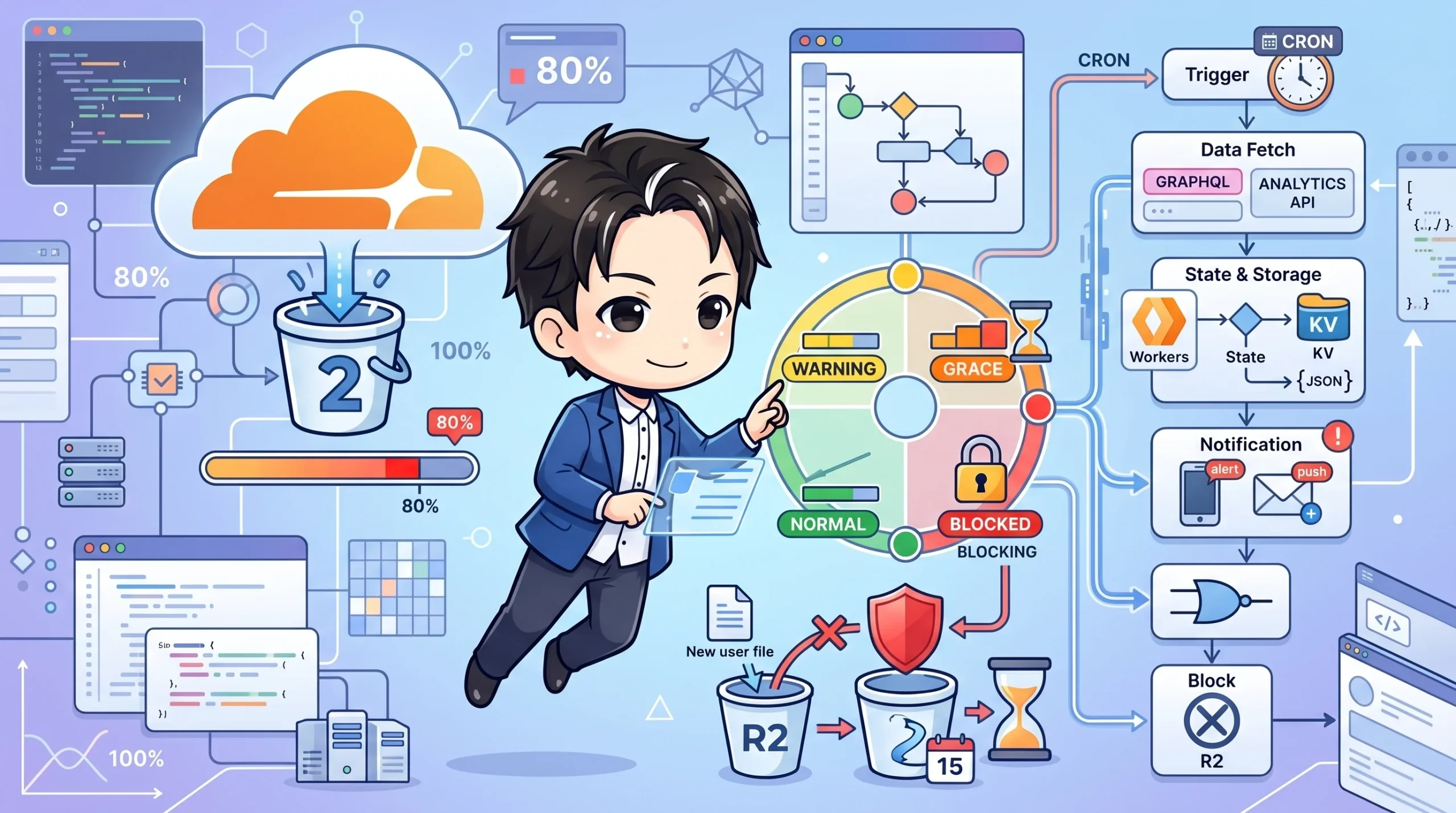 Cloudflare R2の使用量をWorkers cronで監視するシステム図。4段階のステートマシン(Normal, Warning, Grace, Blocked)とGraphQL API連携、通知、アップロード拒否の仕組みが描かれている。