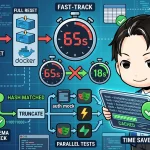E2Eテスト高速化のフロー図。Dockerによるフルリセットが65秒かかるのに対し、ハッシュキャッシュ、TRUNCATE、並列テストを活用することで15〜18秒に短縮される過程が示されている。開発者がキャッシュ済みハッシュと時間節約を示す画面を手にしている。