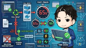E2Eテスト高速化のフロー図。Dockerによるフルリセットが65秒かかるのに対し、ハッシュキャッシュ、TRUNCATE、並列テストを活用することで15〜18秒に短縮される過程が示されている。開発者がキャッシュ済みハッシュと時間節約を示す画面を手にしている。