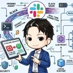CI失敗分析を示すタブレットを持つ開発者が中心の図。Hermes AgentとSlack Socket ModeでCIを自動監視するローカルAIエージェントのアーキテクチャ、LLMプロキシによるコスト最適化、セキュリティ設計までを包括的に示しています。
