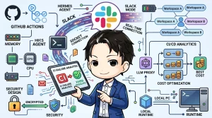 CI失敗分析を示すタブレットを持つ開発者が中心の図。Hermes AgentとSlack Socket ModeでCIを自動監視するローカルAIエージェントのアーキテクチャ、LLMプロキシによるコスト最適化、セキュリティ設計までを包括的に示しています。