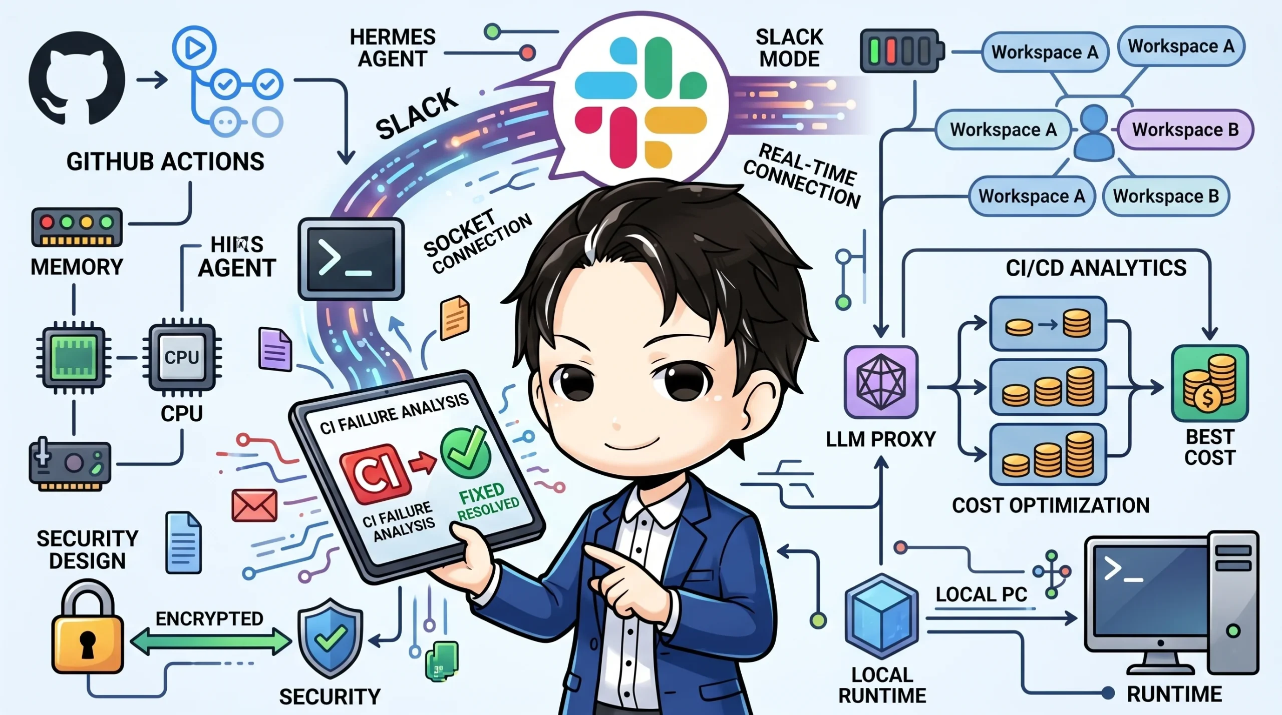 CI失敗分析を示すタブレットを持つ開発者が中心の図。Hermes AgentとSlack Socket ModeでCIを自動監視するローカルAIエージェントのアーキテクチャ、LLMプロキシによるコスト最適化、セキュリティ設計までを包括的に示しています。
