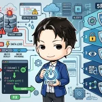 E2Eテストが本番DBを消去したインシデントと、その再発防止策「5つの防御層」を説明する図。左側では条件反転バグによるデータ削除とタイムラインが示され、右側ではIS_LOCALチェックやIAM制限を含む防御策が詳細に描かれている。中央にシステムを操作する人物。
