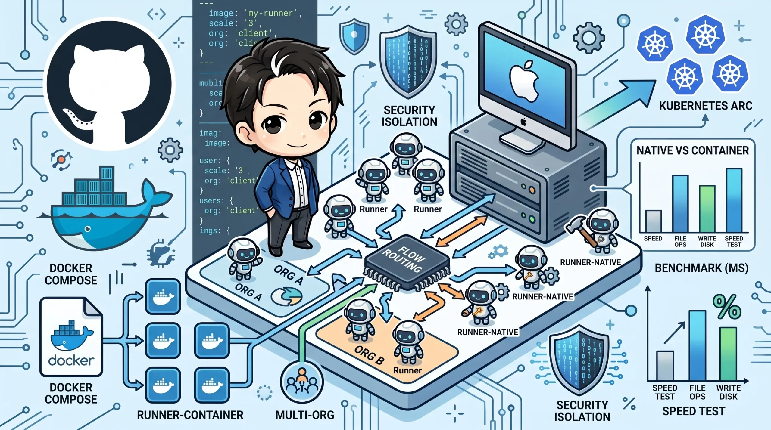 GitHub Actionsのセルフホスト型ランナーをDocker Composeで複数組織に展開するシステムアーキテクチャ図。コンテナとネイティブの実行、セキュリティ分離、ワークフローのルーティング、Kubernetesへの移行パス、性能比較を概観する。
