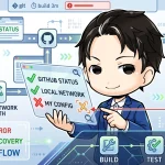 CI/CD診断フローのイラスト。スーツ姿の男性が、GitHubとローカルネットワークは正常だが「MY CONFIG」がエラーを示す画面を指し、CIが動かない際の切り分け順序の重要性を表現しています。