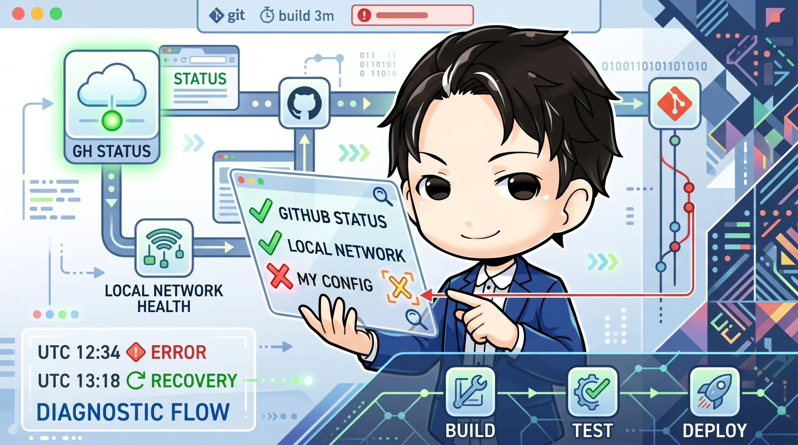 CI/CD診断フローのイラスト。スーツ姿の男性が、GitHubとローカルネットワークは正常だが「MY CONFIG」がエラーを示す画面を指し、CIが動かない際の切り分け順序の重要性を表現しています。