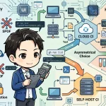 クラウドCIと自前CIのコスト比較を示す図。低頻度リリースのクラウドCIは月30円と安価で、高頻度テストは月650円以上と高価。人物が計算機を使い、リリースはクラウド、テストはMac miniでの自前CIといった非対称な判断をする様子が描かれています。