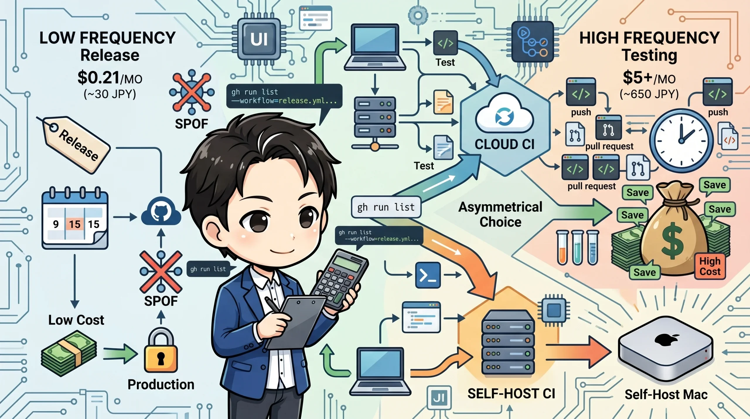 クラウドCIと自前CIのコスト比較を示す図。低頻度リリースのクラウドCIは月30円と安価で、高頻度テストは月650円以上と高価。人物が計算機を使い、リリースはクラウド、テストはMac miniでの自前CIといった非対称な判断をする様子が描かれています。