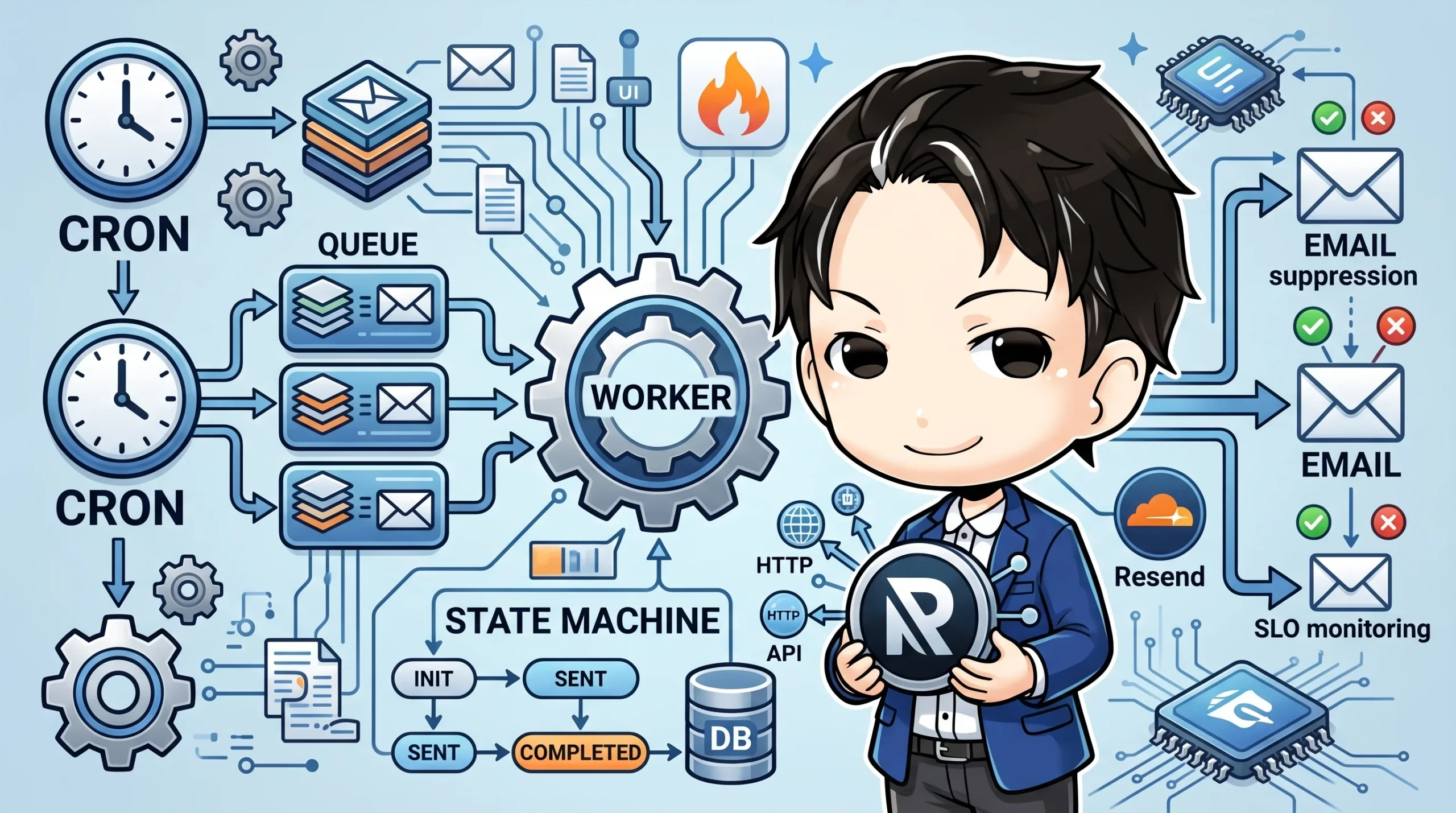 Cloudflare WorkersとResendを使った、冪等な週次メール配信システムの全体像を示す図。Cron、キュー、Worker、DBステートマシンが連携し、メール送信、サプレッション、リセンド、SLO監視のフローを図解しています。