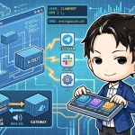 Docker Composeの構成図とAIボットのコンテナ群、Telegram/Slack連携アイコン、複数のAIモデルを操作する開発者、インフラ要素が描かれたイラスト。Docker ComposeでAIアシスタント環境を構築する様子を表している。