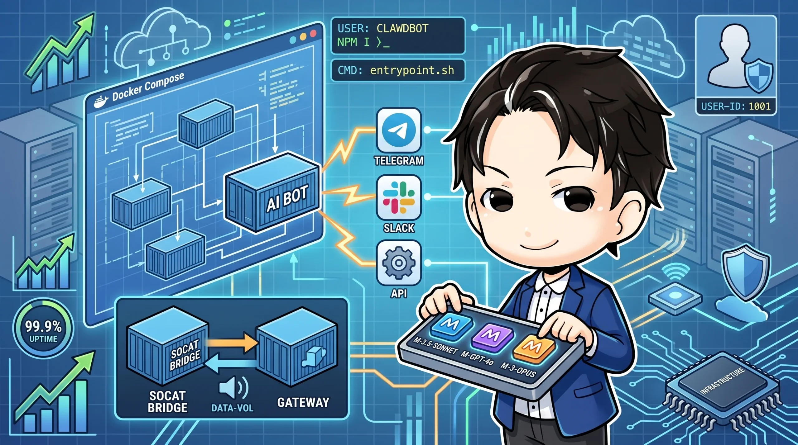 Docker Composeの構成図とAIボットのコンテナ群、Telegram/Slack連携アイコン、複数のAIモデルを操作する開発者、インフラ要素が描かれたイラスト。Docker ComposeでAIアシスタント環境を構築する様子を表している。