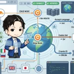 多言語Webサイト向けにCloudflare Edge Functionsで実装するi18nリダイレクトの仕組みを図解。ユーザーリクエストがエッジノードで言語判定され、Accept-LanguageやCookieに基づいて最適な言語バージョン（例：英語、日本語）へ振り分けられる過程を示す。検索エンジンクローラーにはリダイレクトしない「SEO_SAFE」なボット検出も描かれている。
