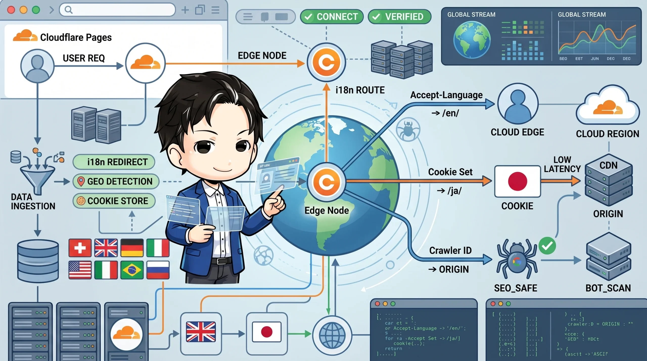 多言語Webサイト向けにCloudflare Edge Functionsで実装するi18nリダイレクトの仕組みを図解。ユーザーリクエストがエッジノードで言語判定され、Accept-LanguageやCookieに基づいて最適な言語バージョン（例：英語、日本語）へ振り分けられる過程を示す。検索エンジンクローラーにはリダイレクトしない「SEO_SAFE」なボット検出も描かれている。
