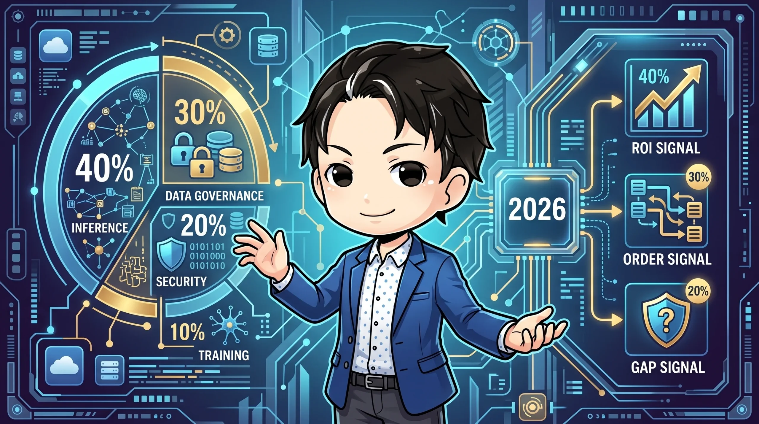 2026年の企業AI予算構成(推論40%、データガバナンス30%、セキュリティ20%、トレーニング10%)と、ROI、注文、ギャップの3つのシグナルを示す未来的なインターフェースを背景に、ビジネスパーソンが解説するイメージ。記事のテーマを視覚的に表現しています。