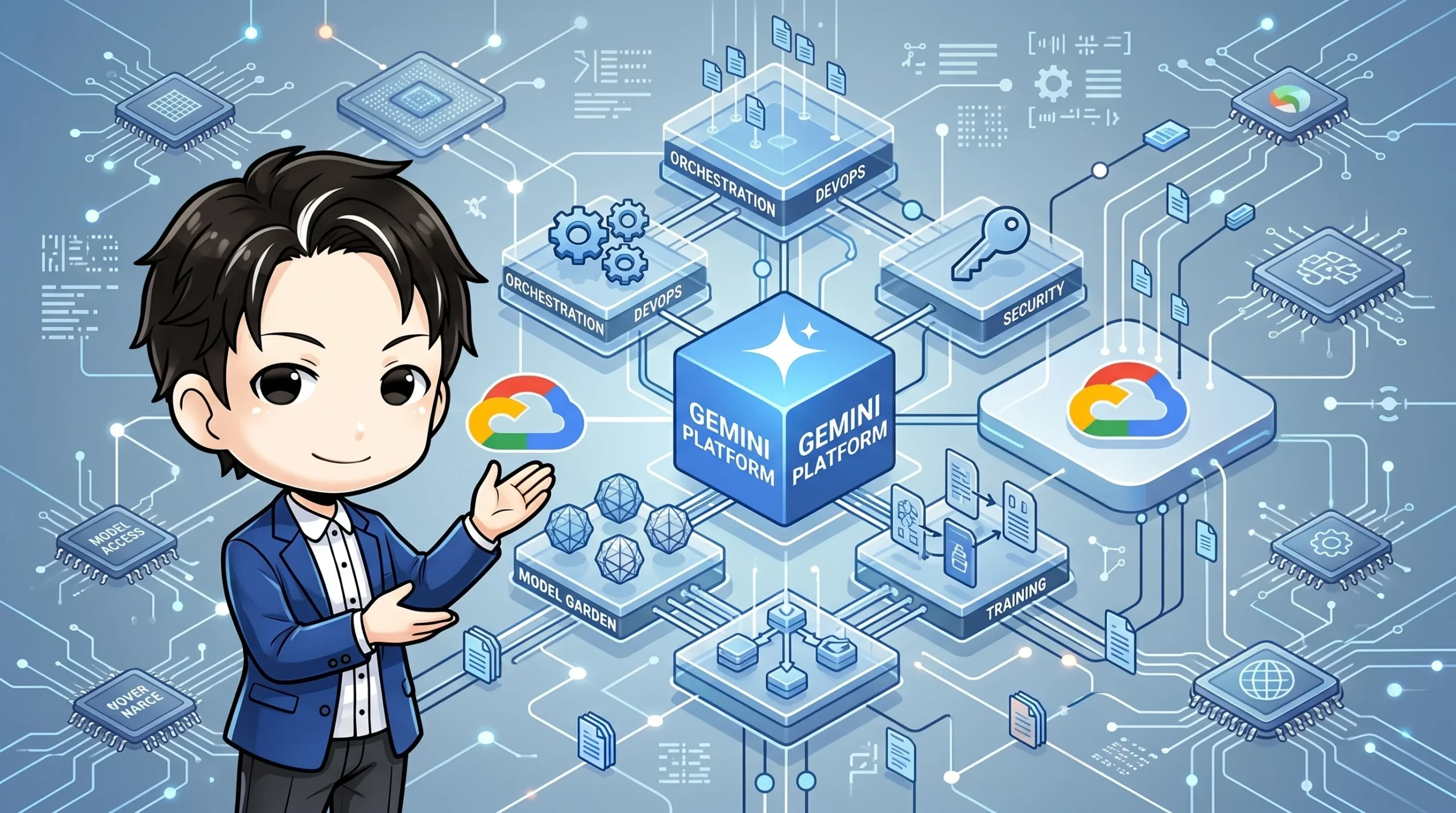 「Gemini Platform」を中心とし、オーケストレーション、DevOps、セキュリティ、モデルガーデン、トレーニングなどの機能が接続された、GoogleのAIエージェントプラットフォームの概念図。Vertex AIを統合した包括的な基盤を表現しています。