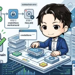 プログラマーがデジタルなワークフロー上で `credsStore` を操作し、`osxkeychain` エラーを回避して `GHCR` へのプッシュを試行錯誤する様子を描いたイラスト。macOS Self-hosted Runner 環境における認証情報の問題を解決するプロセスを示しています。