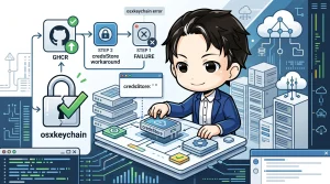プログラマーがデジタルなワークフロー上で `credsStore` を操作し、`osxkeychain` エラーを回避して `GHCR` へのプッシュを試行錯誤する様子を描いたイラスト。macOS Self-hosted Runner 環境における認証情報の問題を解決するプロセスを示しています。