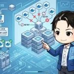 GitHub Actions Self-hosted Runner の登録フロー図。Dockerコンテナが登録トークン取得時に競合しリトライする問題と、ファイルロックやリトライループで正常に登録される解決策を、男性キャラクターが説明している。