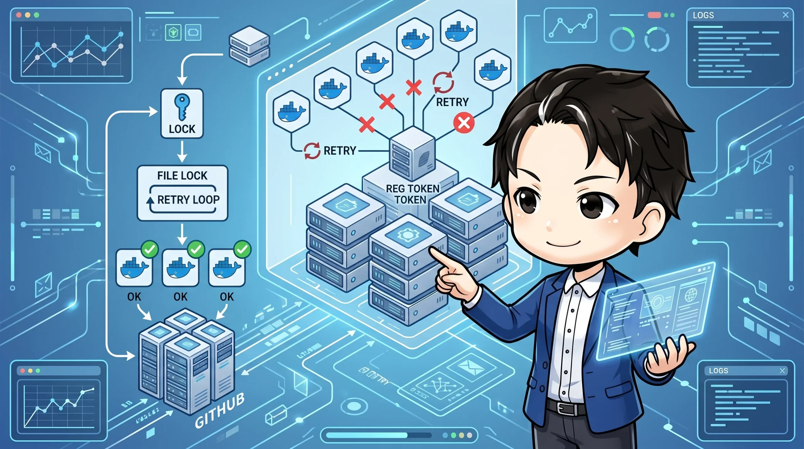 GitHub Actions Self-hosted Runner の登録フロー図。Dockerコンテナが登録トークン取得時に競合しリトライする問題と、ファイルロックやリトライループで正常に登録される解決策を、男性キャラクターが説明している。
