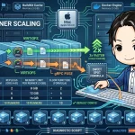 Apple Silicon Mac上でSelf-hosted Runnerを並列稼働させる様子。VirtioFSによる性能向上（コールドキャッシュで2倍速）や、Docker Desktopのメモリ設定に応じた最適なランナー数を計算する「Sweet Spot Formula」の表が描かれている。