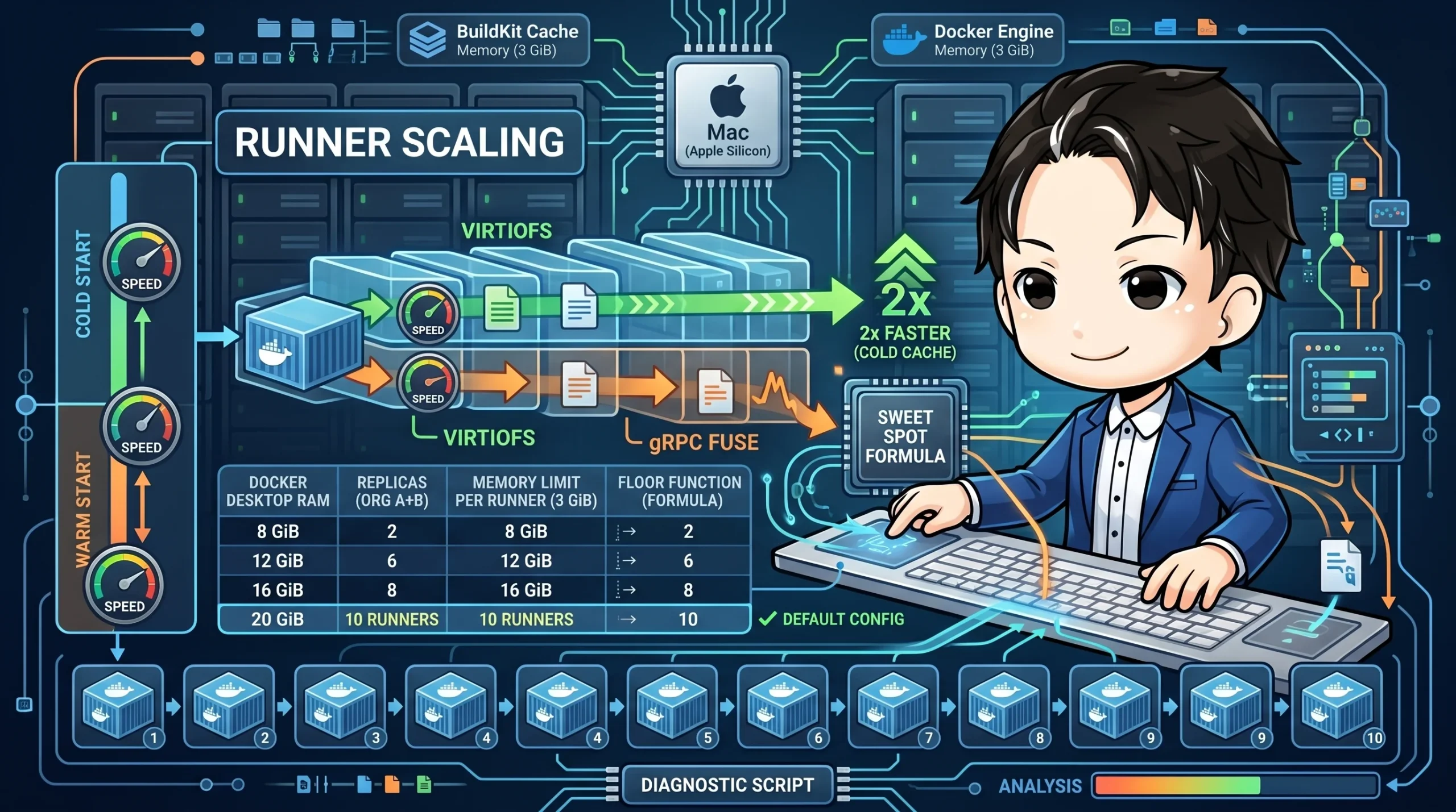 Apple Silicon Mac上でSelf-hosted Runnerを並列稼働させる様子。VirtioFSによる性能向上(コールドキャッシュで2倍速)や、Docker Desktopのメモリ設定に応じた最適なランナー数を計算する「Sweet Spot Formula」の表が描かれている。