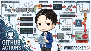 「ローカルは緑なのにCIが落ちる」現象を解説する図。開発者がGitHub ActionsとWoodpecker CI間のシェルやクローン、変数展開、シークレットの挙動の差異を示す複雑なフローチャートを分析しています。移行時の7つの罠を視覚的に表現しています。