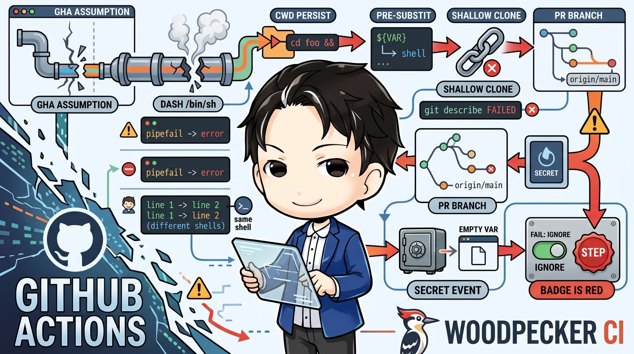 「ローカルは緑なのにCIが落ちる」現象を解説する図。開発者がGitHub ActionsとWoodpecker CI間のシェルやクローン、変数展開、シークレットの挙動の差異を示す複雑なフローチャートを分析しています。移行時の7つの罠を視覚的に表現しています。