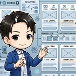アニメ風のエンジニアがReactでの複数選択比較機能実装フローを指差している。useStateによる状態管理、モーダルのアクセシビリティ対応、データ同期、テスト戦略など、記事で解説する開発ステップが図示されている。