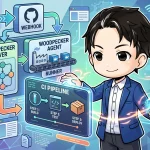 Woodpecker CI、Cloudflare Tunnel、Git Push、GitHub Webhookによるセルフホスト型CIサーバーの構築アーキテクチャを図解し、男性キャラクターが説明しているイラストです。ビルド、テスト、デプロイのCIパイプラインも示されています。