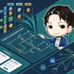 開発者が複数のイベント通知を優先度と排他ルールで統合するフローを指し示している。TypeScript、Reactによる実装、Playwrightでのテスト、アクセシビリティ対応も描かれている。