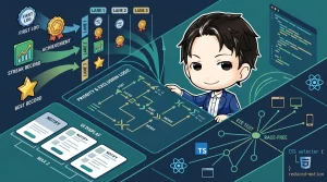 開発者が複数のイベント通知を優先度と排他ルールで統合するフローを指し示している。TypeScript、Reactによる実装、Playwrightでのテスト、アクセシビリティ対応も描かれている。