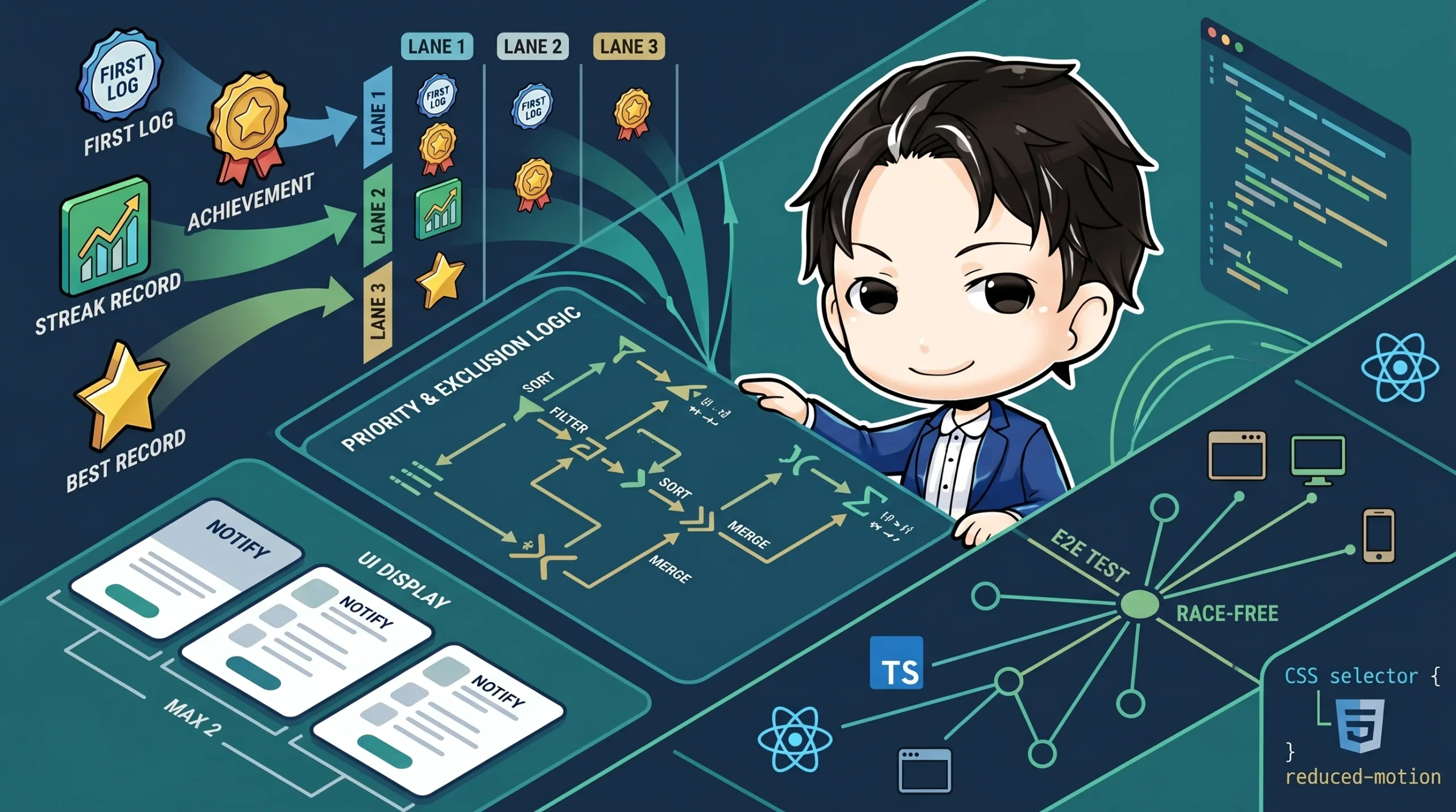 開発者が複数のイベント通知を優先度と排他ルールで統合するフローを指し示している。TypeScript、Reactによる実装、Playwrightでのテスト、アクセシビリティ対応も描かれている。