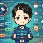 24h AIと書かれた時計とエージェントループのフローチャートを背景に、タブレットを持つ人物が描かれた画像。スケジューラー、ツール使用、状態永続化などの要素で構成される24時間稼働AIエージェントのアーキテクチャを示している。