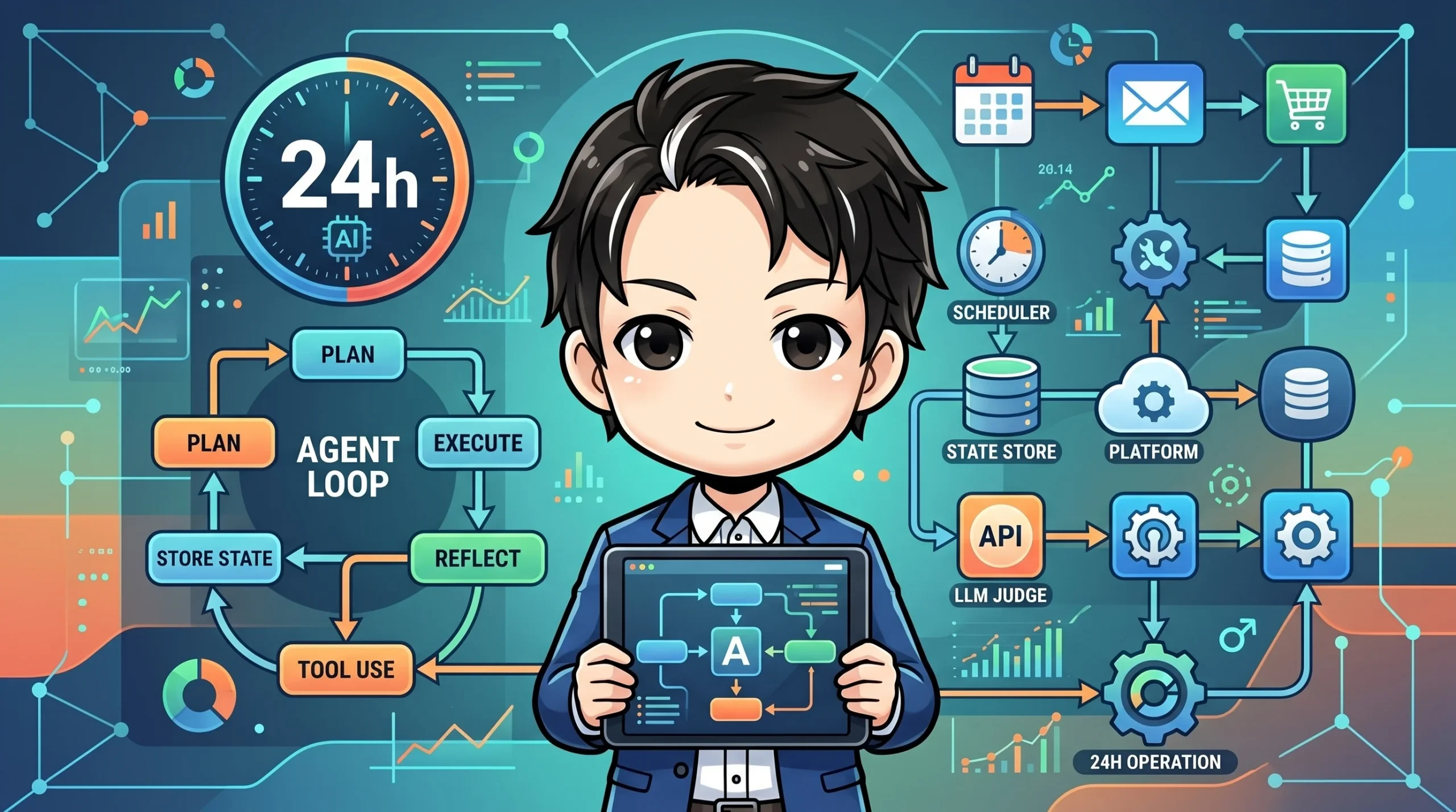 24h AIと書かれた時計とエージェントループのフローチャートを背景に、タブレットを持つ人物が描かれた画像。スケジューラー、ツール使用、状態永続化などの要素で構成される24時間稼働AIエージェントのアーキテクチャを示している。