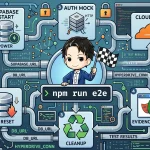 「npm run e2e」を中央に据え、Supabase起動、DBリセット、認証モック、Cloudflareを経由し、テスト実行とクリーンアップまでを網羅するローカルE2E環境の自動化ワークフロー図。チェッカーフラッグを持つキャラクターがDXの向上を示唆します。