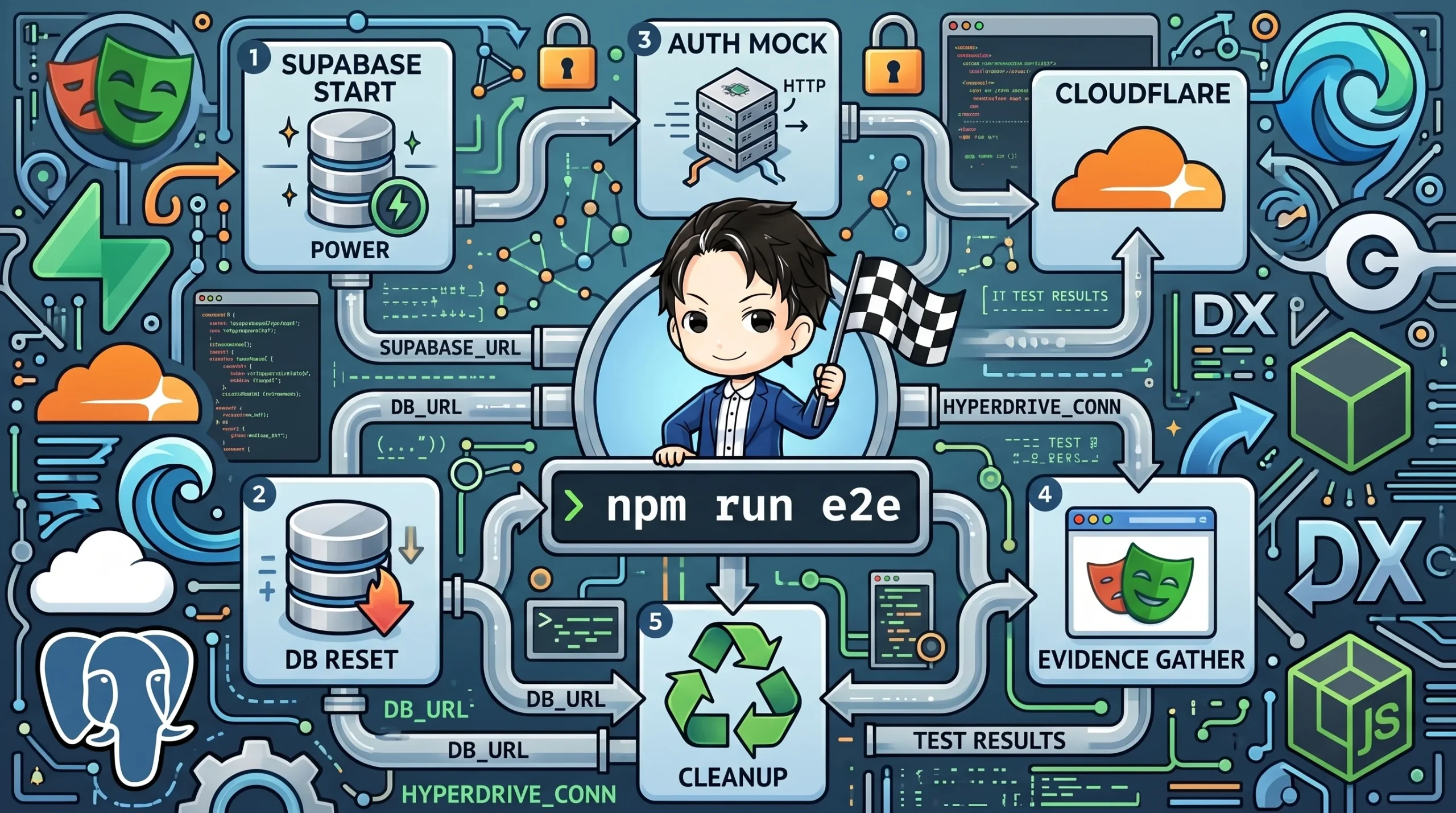 「npm run e2e」を中央に据え、Supabase起動、DBリセット、認証モック、Cloudflareを経由し、テスト実行とクリーンアップまでを網羅するローカルE2E環境の自動化ワークフロー図。チェッカーフラッグを持つキャラクターがDXの向上を示唆します。