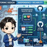 セルフホストCIのサイレントフェイルを回避するため、GitHub Actionsで構築された独立した死活監視、SLO計測、設定差分検出の仕組みを示す図。「監視は監視対象の外に置く」ことの信頼性を説明している。