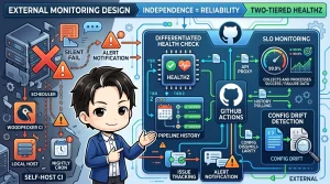 セルフホストCIのサイレントフェイルを回避するため、GitHub Actionsで構築された独立した死活監視、SLO計測、設定差分検出の仕組みを示す図。「監視は監視対象の外に置く」ことの信頼性を説明している。