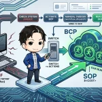 破損したMac（self-hosted runner）が単一障害点として示され、障害発生時に人がスイッチを操作してGitHub Actionsへ切り替えるBCP/SOPの流れを図で説明。コストや外部監視も含む。