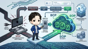 破損したMac（self-hosted runner）が単一障害点として示され、障害発生時に人がスイッチを操作してGitHub Actionsへ切り替えるBCP/SOPの流れを図で説明。コストや外部監視も含む。
