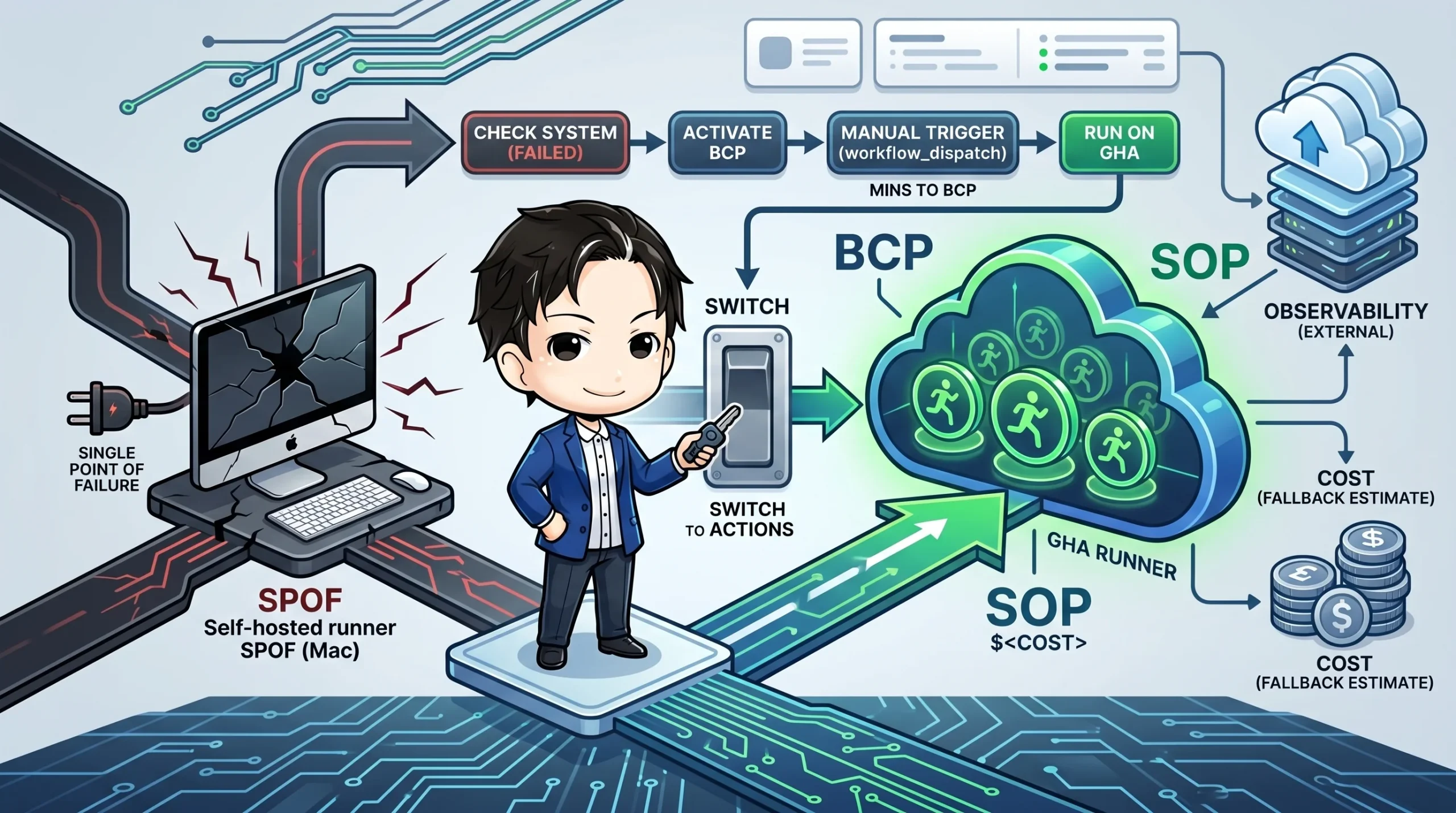 破損したMac(self-hosted runner)が単一障害点として示され、障害発生時に人がスイッチを操作してGitHub Actionsへ切り替えるBCP/SOPの流れを図で説明。コストや外部監視も含む。