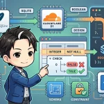 開発者がSQLiteとCloudflare D1のboolean型設計定石を解説。`INTEGER NOT NULL`と`CHECK (0,1)`で真偽値を表現するスキーマ設計画面が中心にあり、ON/OFFトグルやTypeScript連携も示されている。