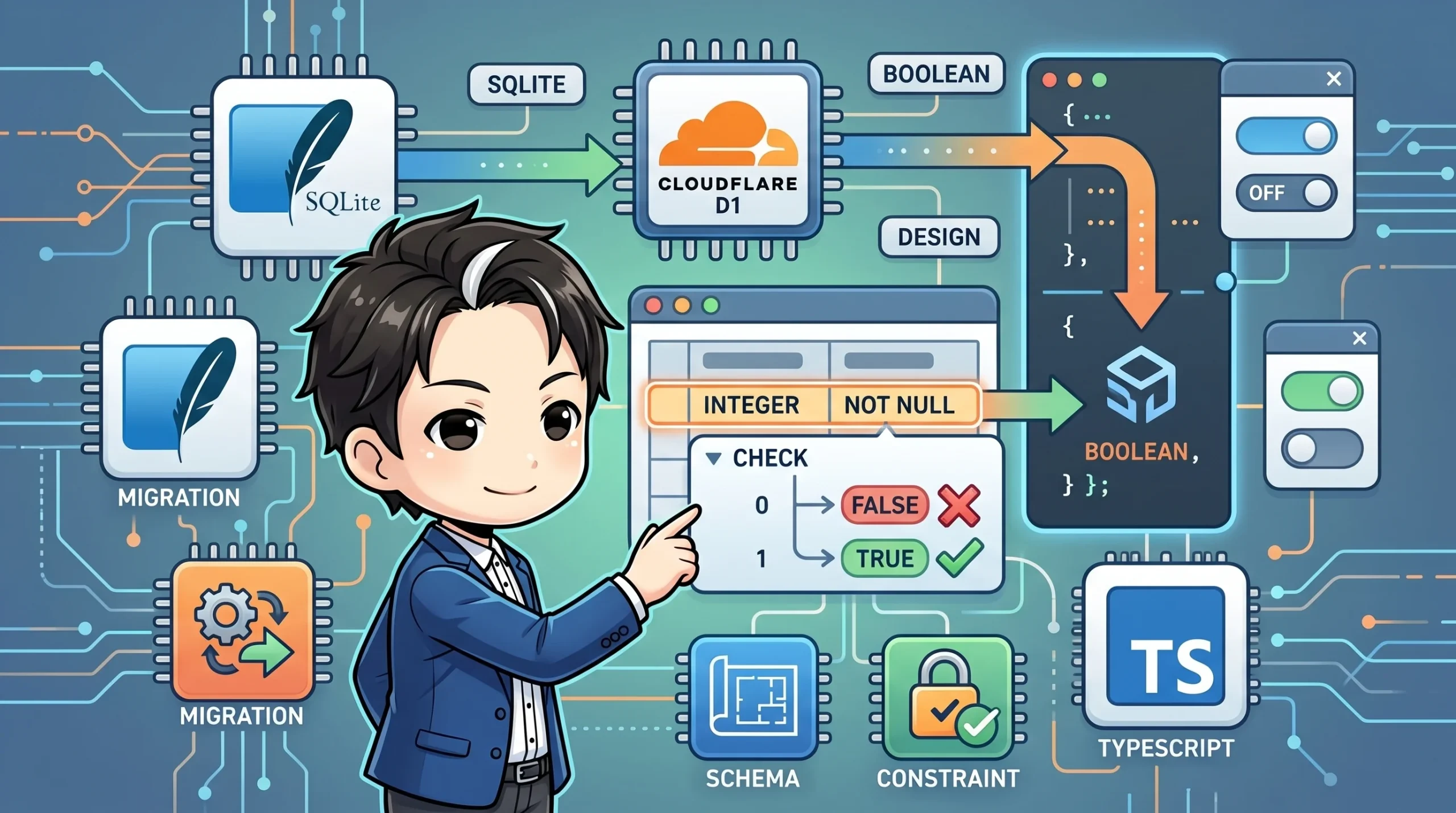 開発者がSQLiteとCloudflare D1のboolean型設計定石を解説。
## 概要
SQLite には
結論を先に書くと:
``
INTEGER NOT NULLとCHECK (0,1)で真偽値を表現するスキーマ設計画面が中心にあり、ON/OFFトグルやTypeScript連携も示されている。