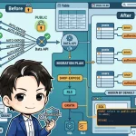 「Before」と「After」で、Supabase Data API のテーブル公開方法の変更を示す図。これまで自動公開されていた`public`スキーマのテーブルが、明示的なGRANTで権限を付与するようになる移行プロセスとSQLコードが描かれている。