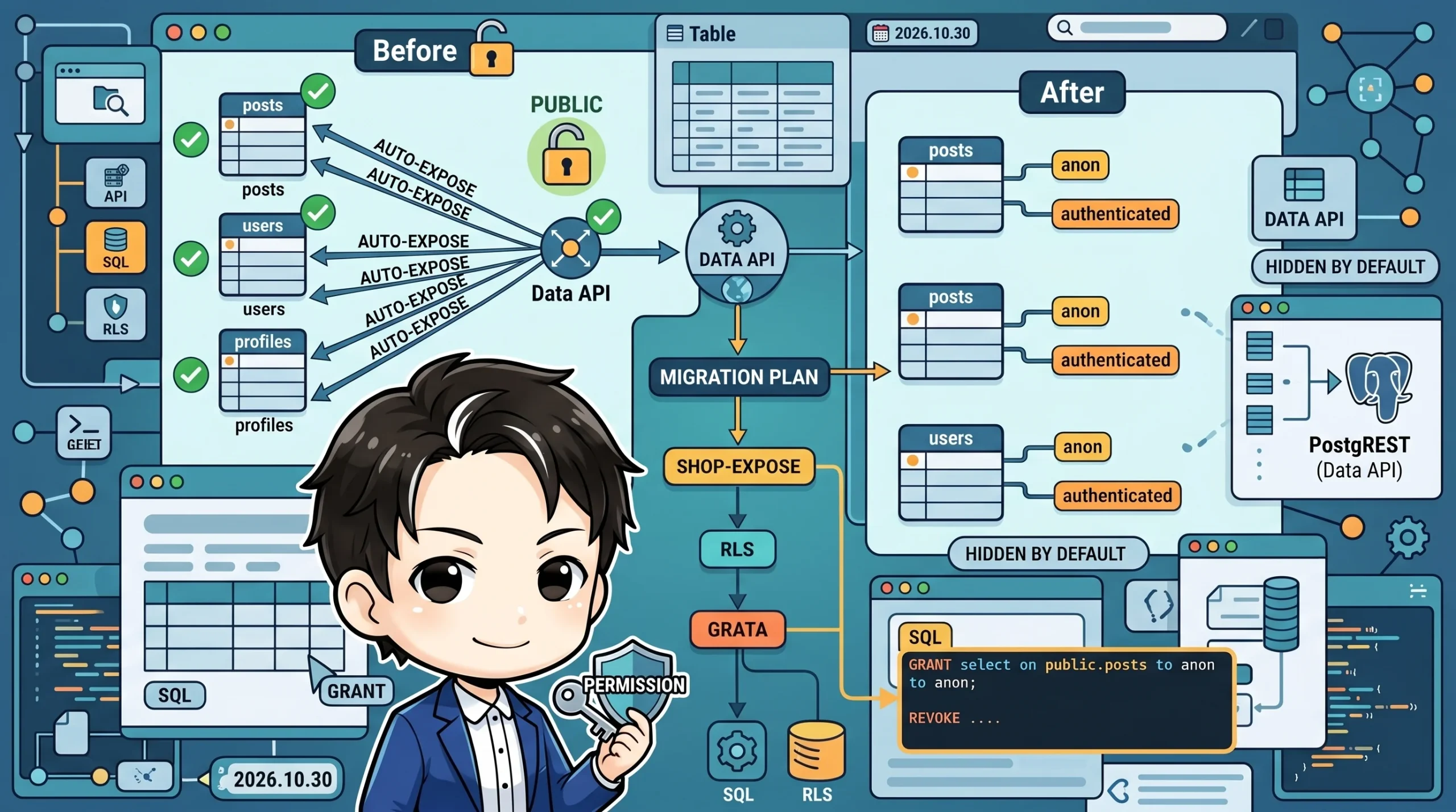 「Before」と「After」で、Supabase Data API のテーブル公開方法の変更を示す図。これまで自動公開されていた`public`スキーマのテーブルが、明示的なGRANTで権限を付与するようになる移行プロセスとSQLコードが描かれている。