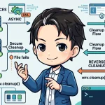 Node.js/TypeScriptにおける複数の非同期リソース（DB、サーバー、ファイル）の確保・解放フローを示す図です。失敗時の安全な巻き戻しや、終了時の逆順クリーンアップが視覚的に表現されています。